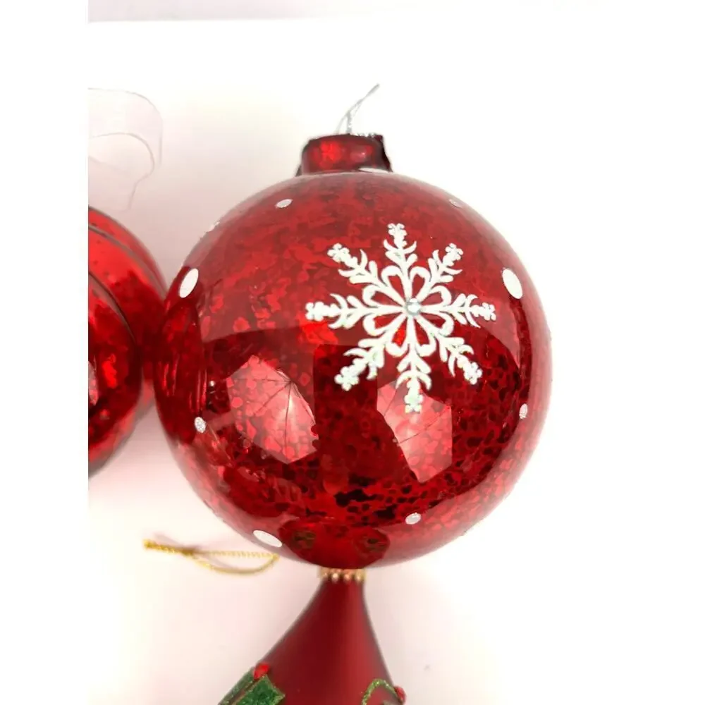 VTG Lot of 6 Glitter Glass Ornaments Round‎ Sphere Red Gold Heavy Tree Decor